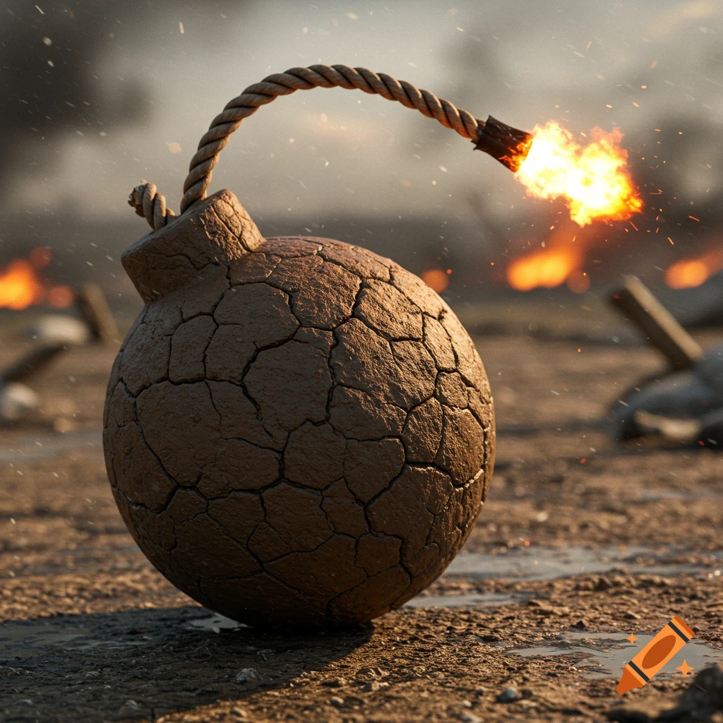 A round, cracked mud bomb with a lit fuse sits on a dirty ground amidst background fires, photorealistic style.