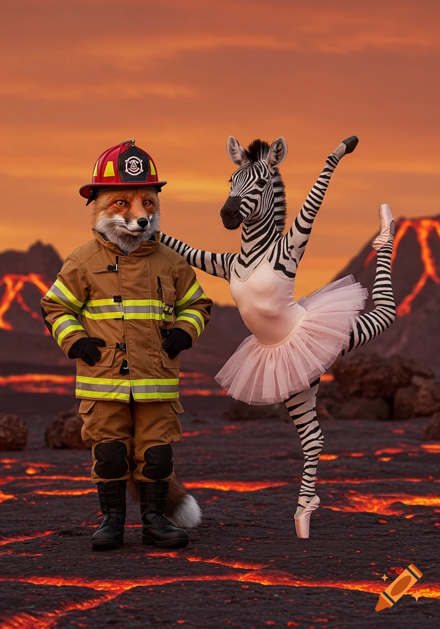 An anthropomorphic fox in firefighter gear stands next to a zebra ballerina posing on pointe on a glowing lava field under an orange sky.