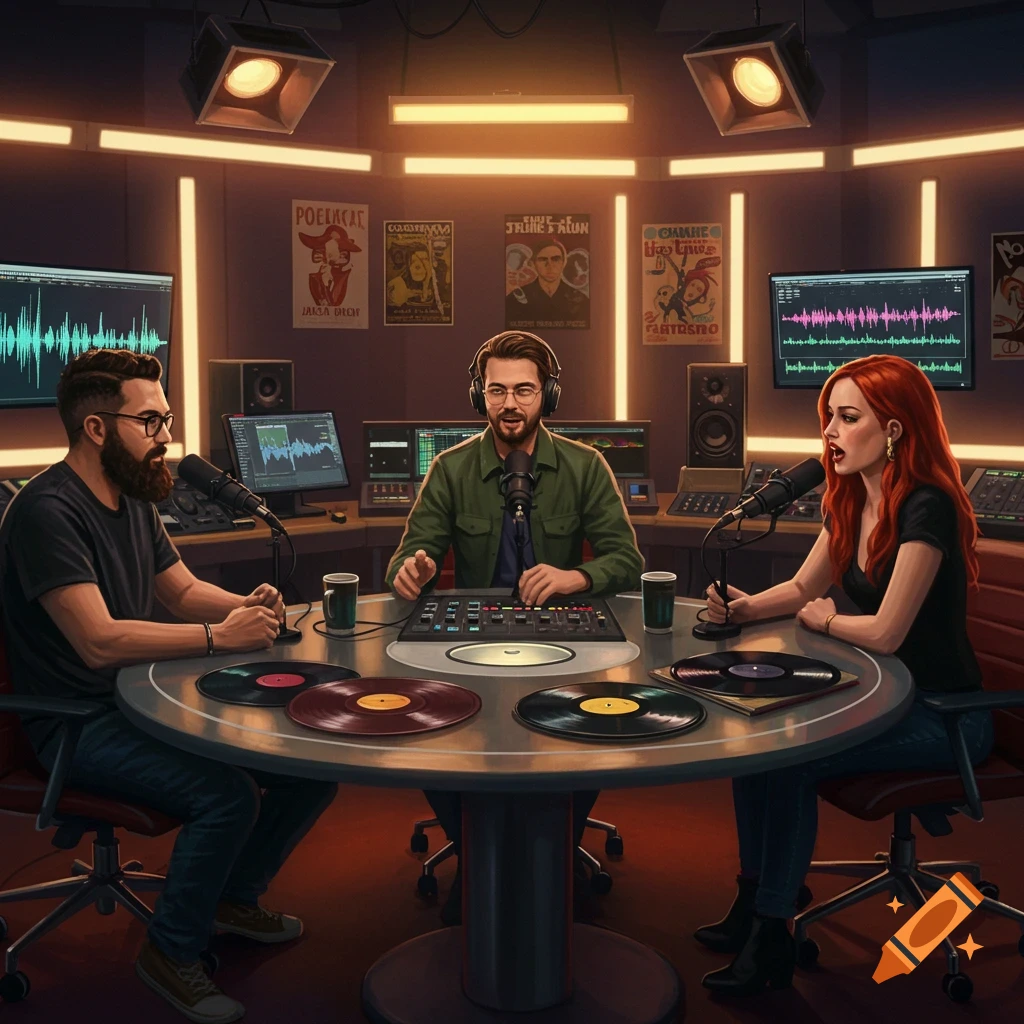 Two men and a woman recording a podcast in a studio with microphones, vinyl records, and audio equipment.