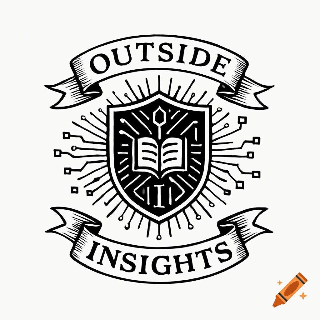 Black and white crest-style logo with banners reading "OUTSIDE INSIGHTS" and a shield featuring an open book and circuit board lines.