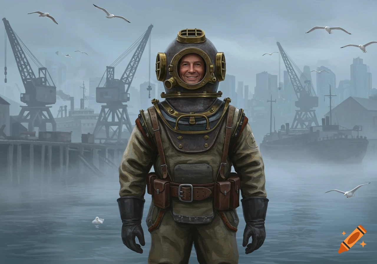 A man in a vintage heavy diving suit stands smiling in a misty industrial port with cranes and ships.