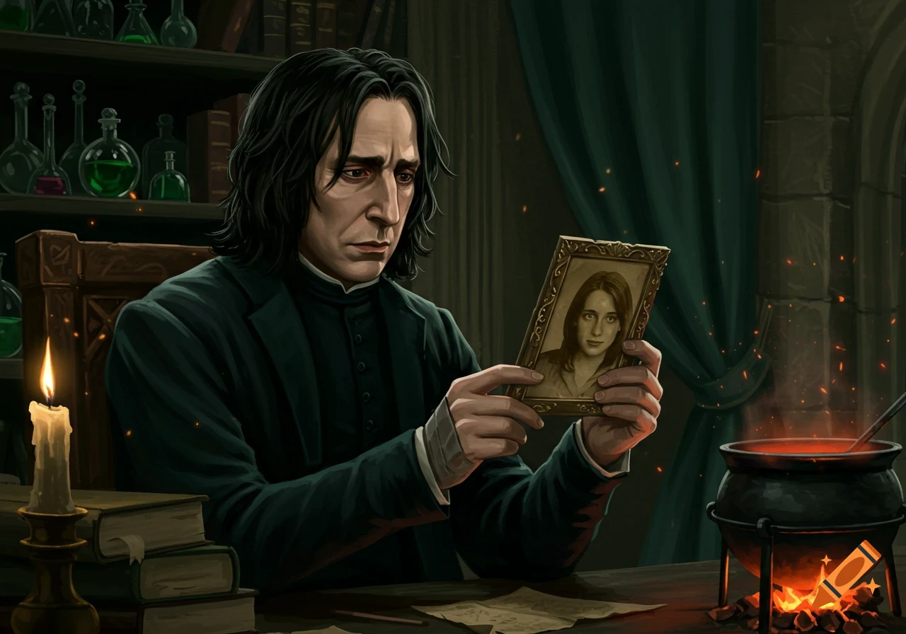 Severus Snape with a melancholic expression, holding a framed picture of Lily Potter in a dark potion lab.