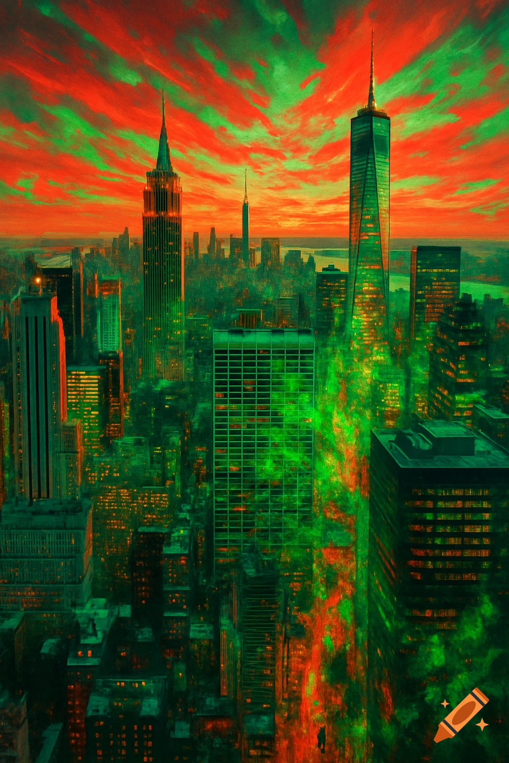 An aerial view of the New York City skyline with prominent skyscrapers like the Empire State Building and One World Trade Center against a surreal red and green sky.