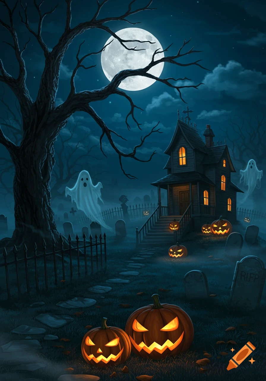 An atmospheric Halloween illustration features a full moon, a haunted house, ghosts, jack-o'-lanterns, a bare tree, and tombstones in a misty graveyard.