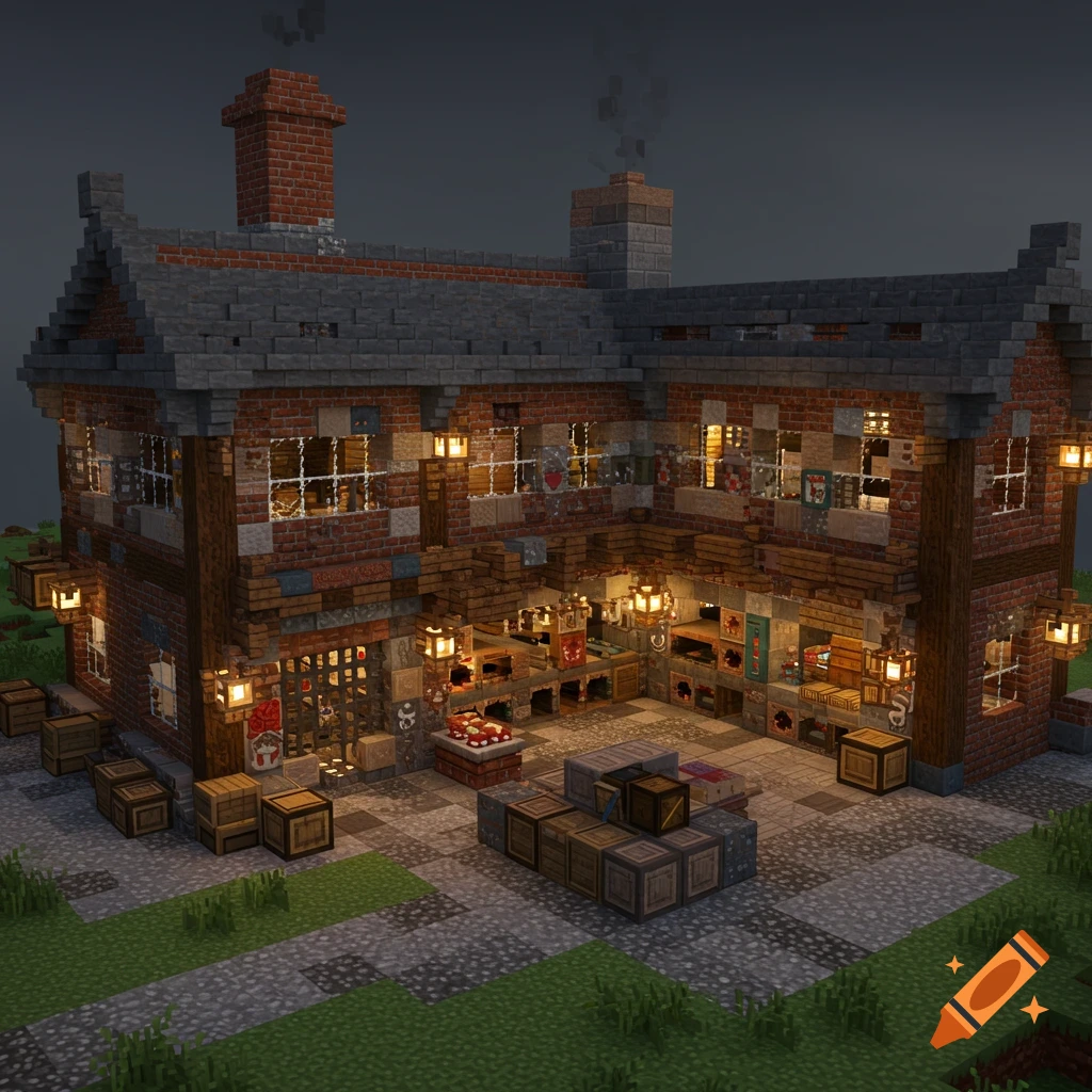 Minecraft-style industrial bakery with brick walls, tall chimneys, glowing lanterns, and crates outside at night.
