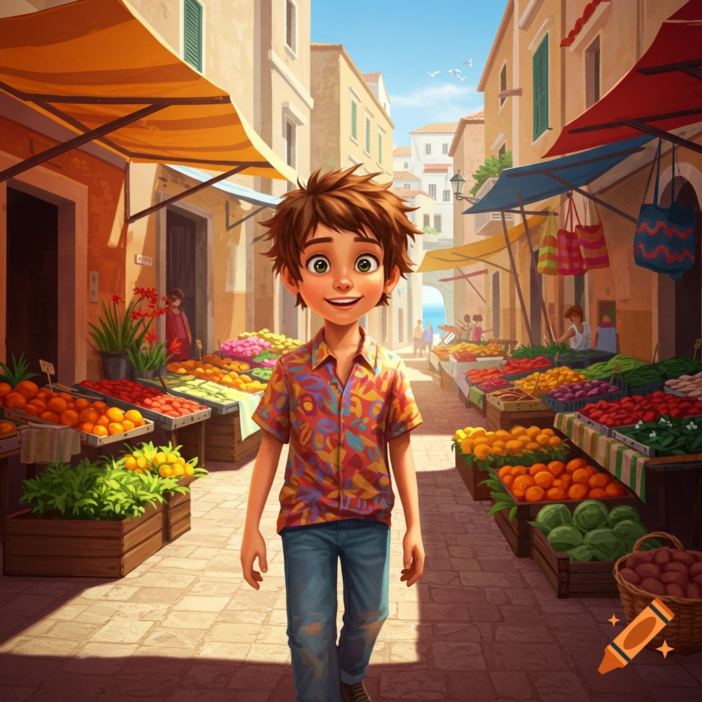 A cartoon boy with brown hair smiles while walking through a colorful street market filled with fruit and vegetable stalls under a sunny sky.