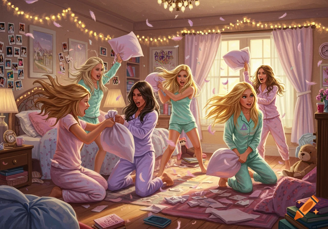 An illustrated scene of six sorority girls having a pillow fight in a messy bedroom, feathers flying, some girls laughing, some with determined expressions.