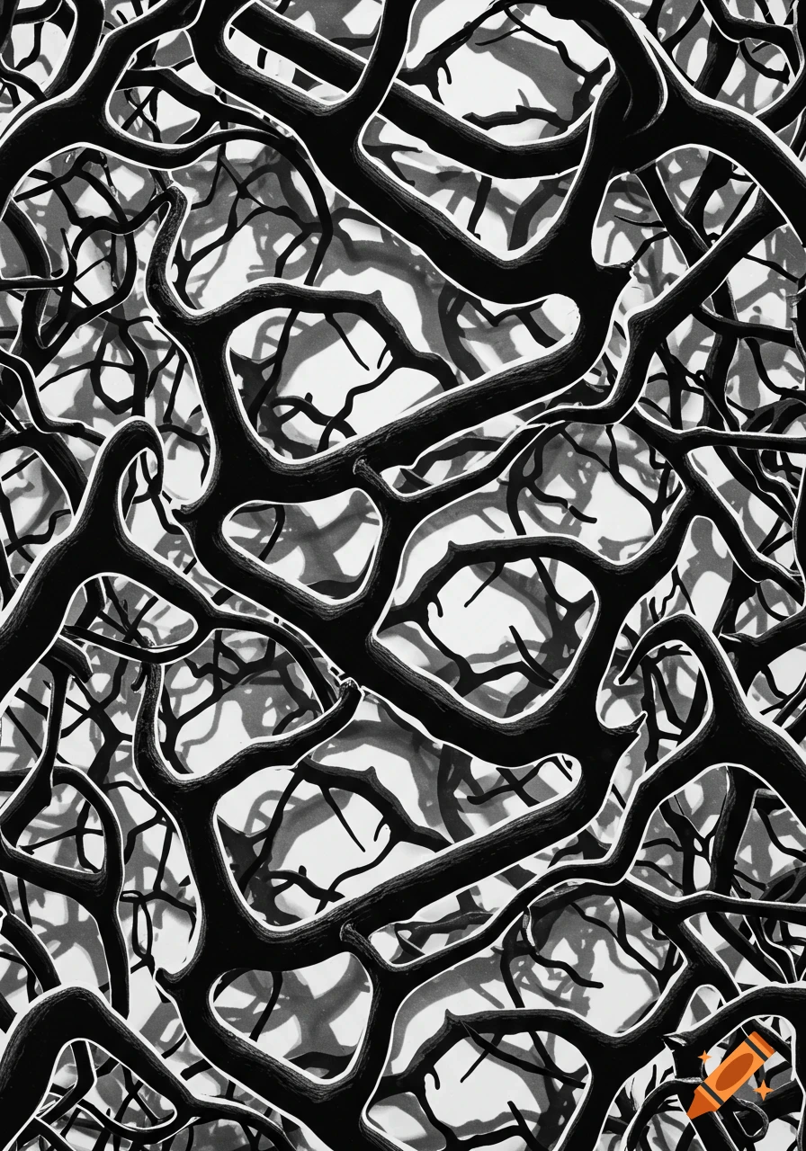 Abstract black and white graphic pattern of intertwined branches or organic forms with white outlines.
