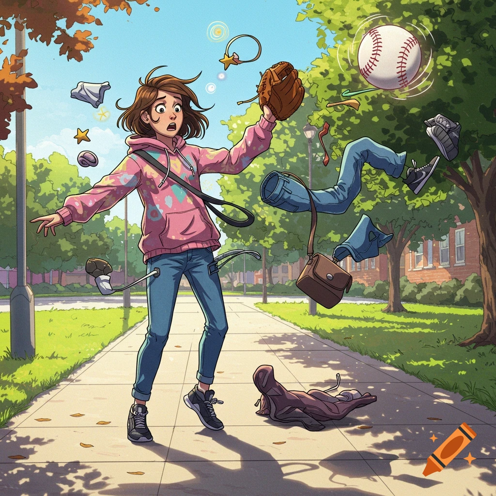 A cartoon girl in a park reacts in shock as a baseball hits her, causing her clothes and accessories to comically fly off around her.