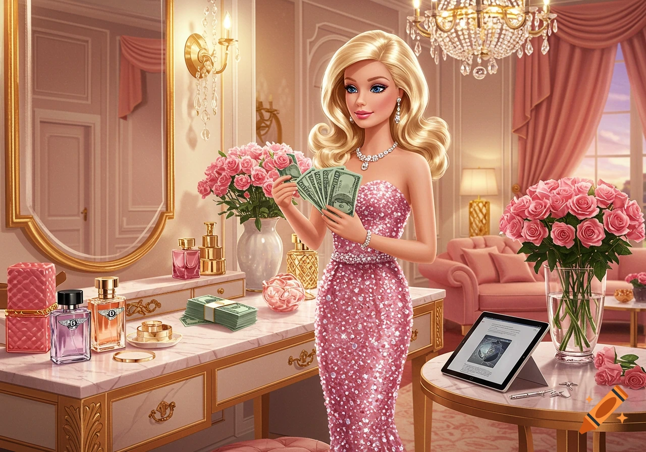 A Barbie-like doll in a sparkling pink gown counts money in a luxurious pink and gold room with vanity, perfume bottles, and roses.