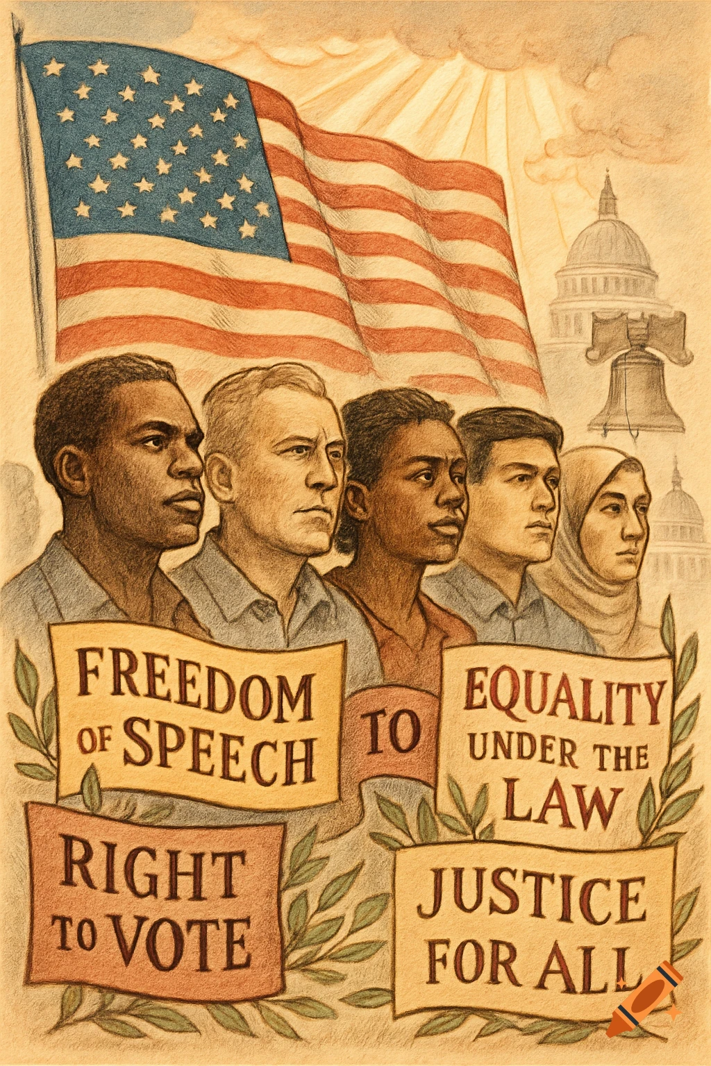 Hand-drawn illustration of a diverse group of people standing under an American flag, with banners proclaiming US rights and freedoms.