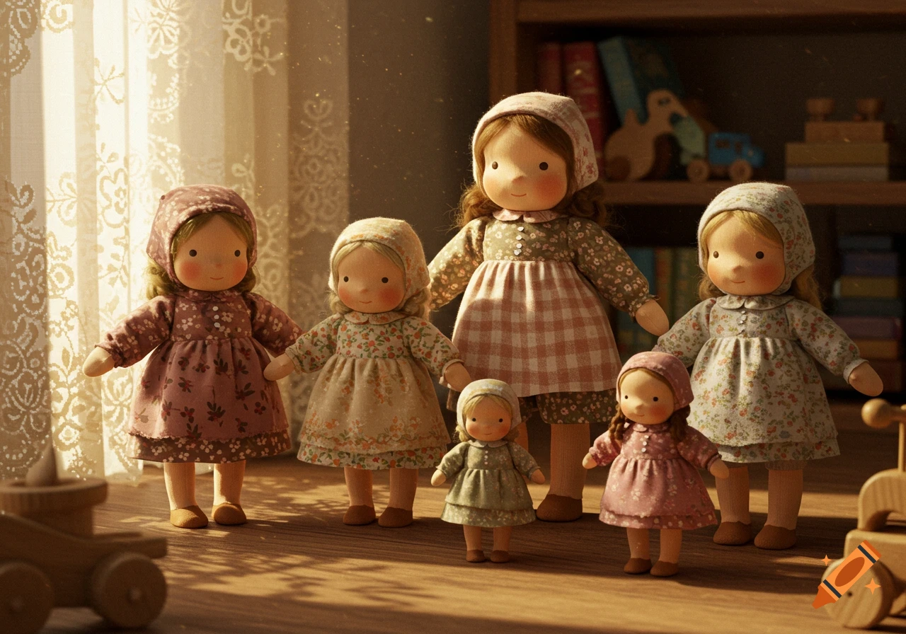 Six Waldorf-style cloth dolls of different sizes stand on a wooden floor in a sunlit room with a bookshelf.