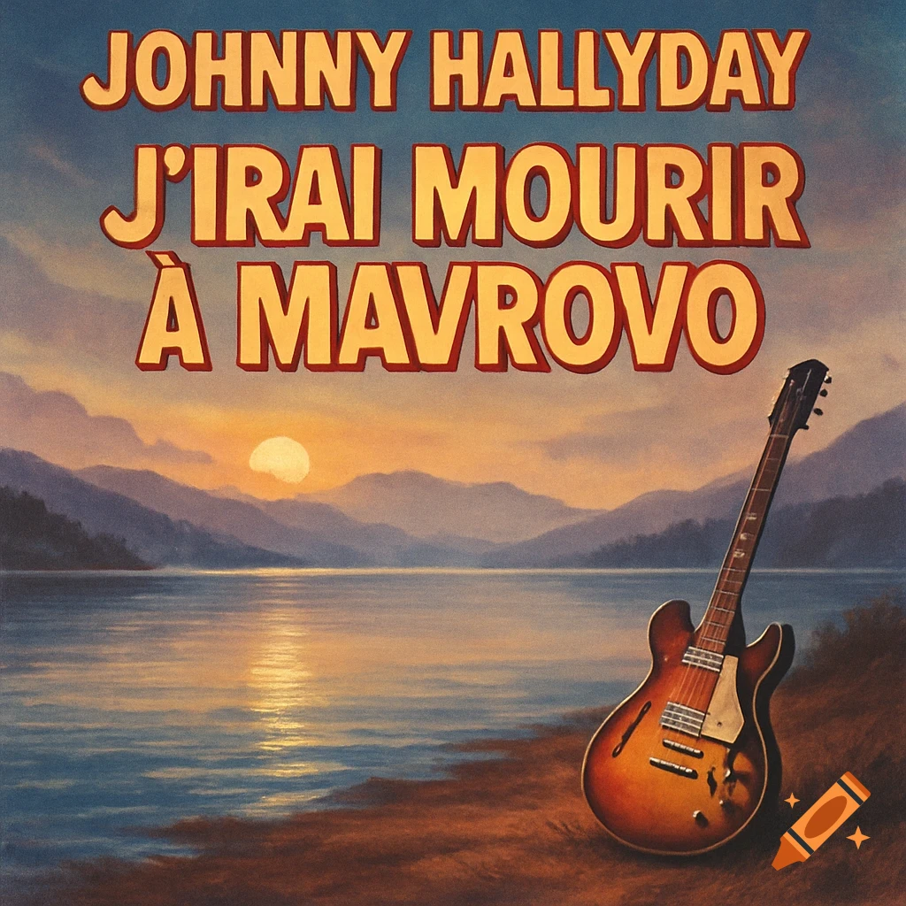 Album cover featuring a sunset over a lake with mountains in the background and an electric guitar on the shore. Text reads 'JOHNNY HALLYDAY J'IRAI MOURIR À MAVROVO'.