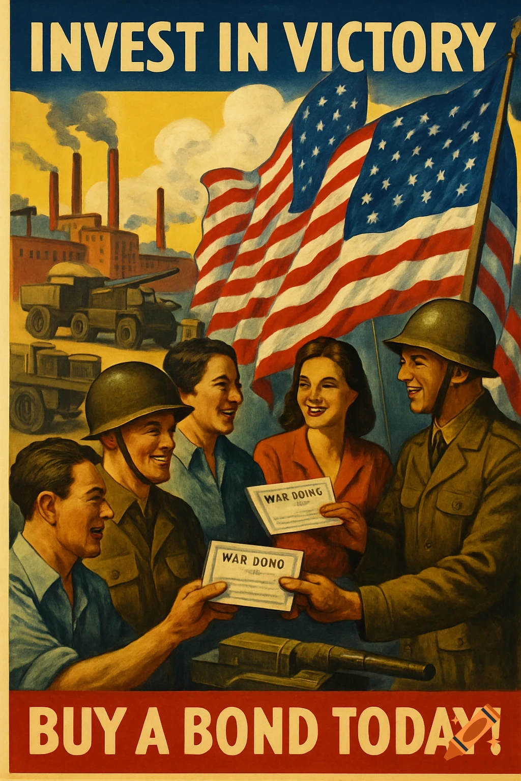 A vintage-style patriotic poster showing civilians handing papers to smiling soldiers, with factories, tanks, and American flags in the background. Slogan reads: "Invest in Victory - Buy a Bond Today!"