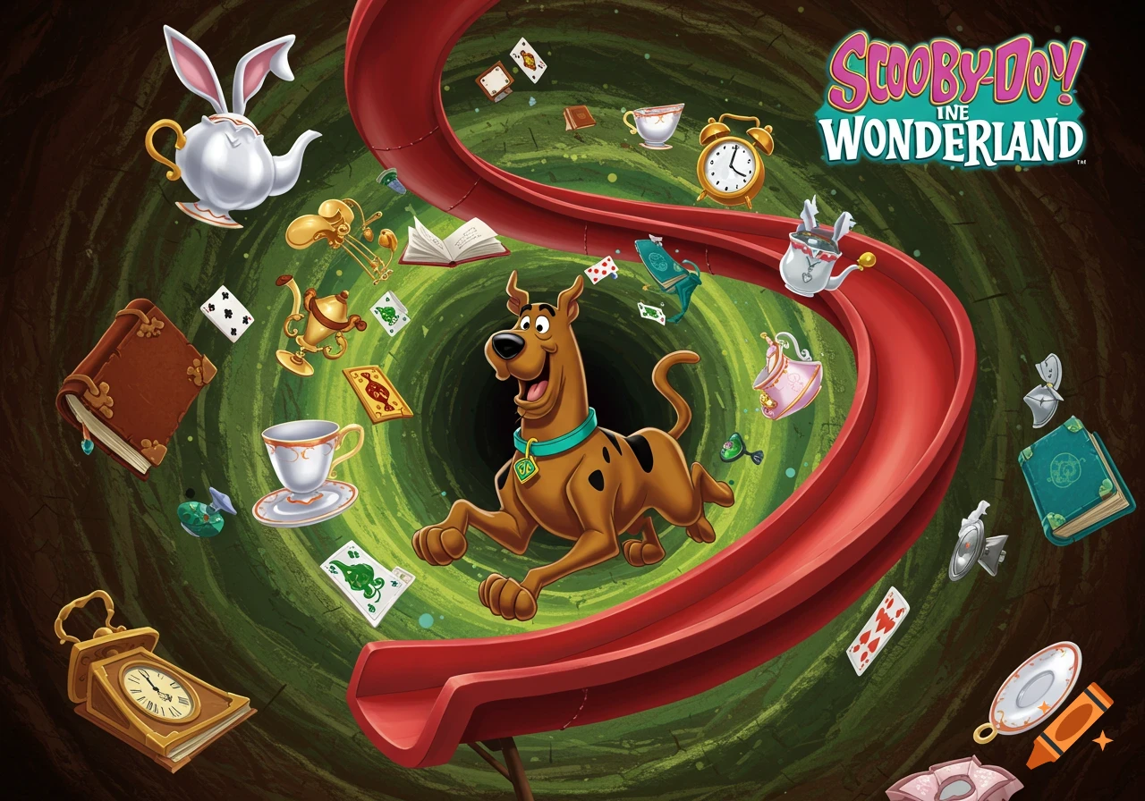 Scooby-Doo slides down a red chute in a green swirling Wonderland, surrounded by floating teacups, clocks, books, and playing cards.