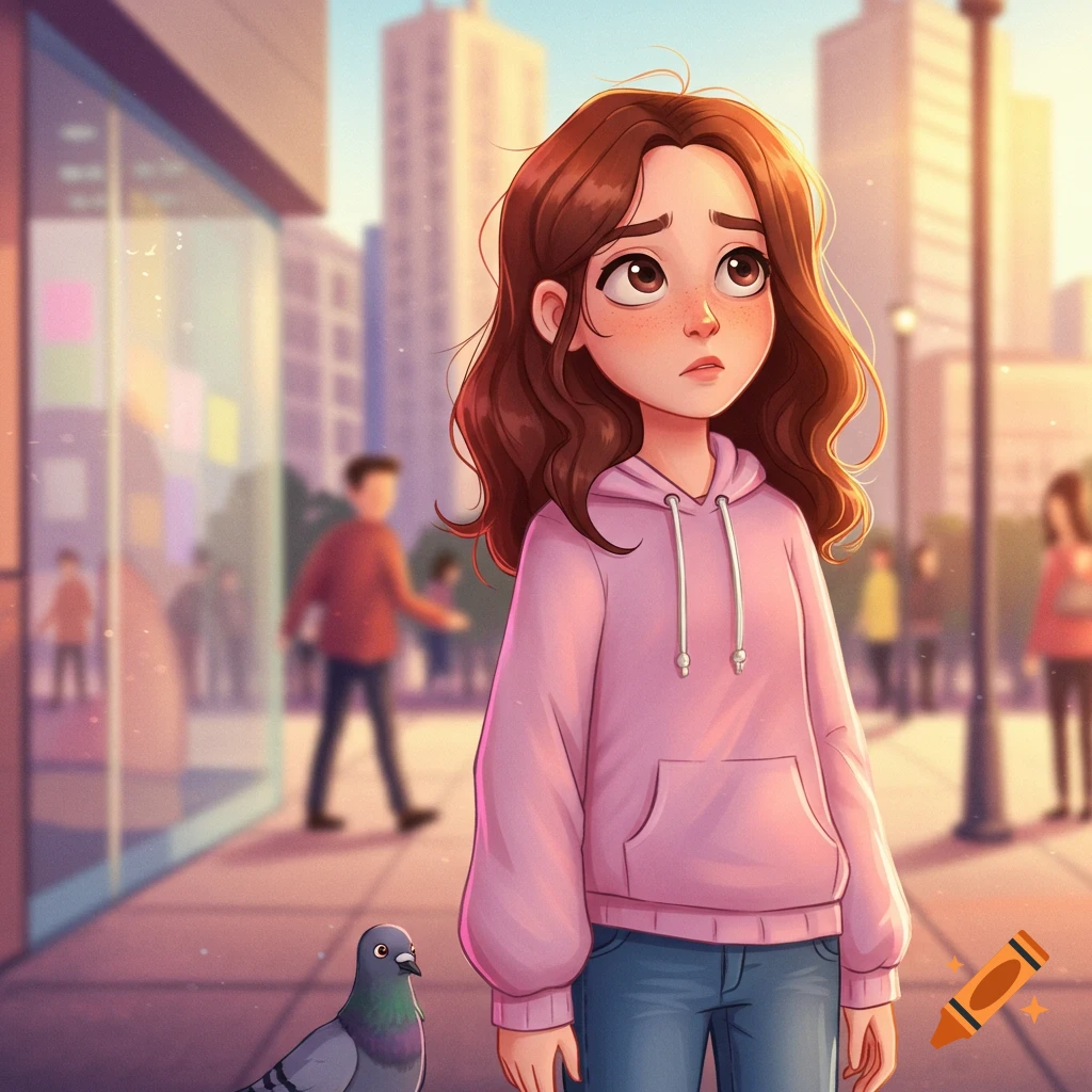 A confused cartoon teenage girl with brown hair and a pink hoodie looks up on a city sidewalk next to a pigeon.