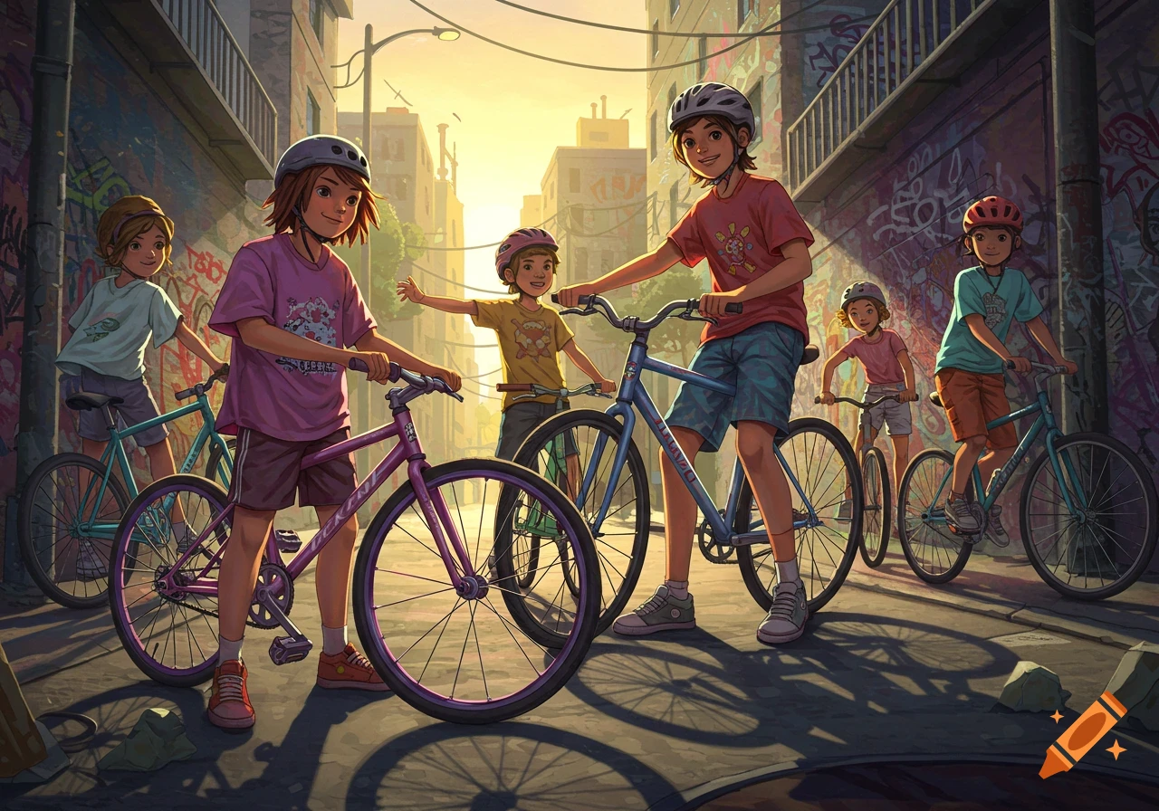 Group of kids with helmets on fixed-gear bicycles in a vibrant, graffiti-covered urban alleyway at sunset, digital illustration style.