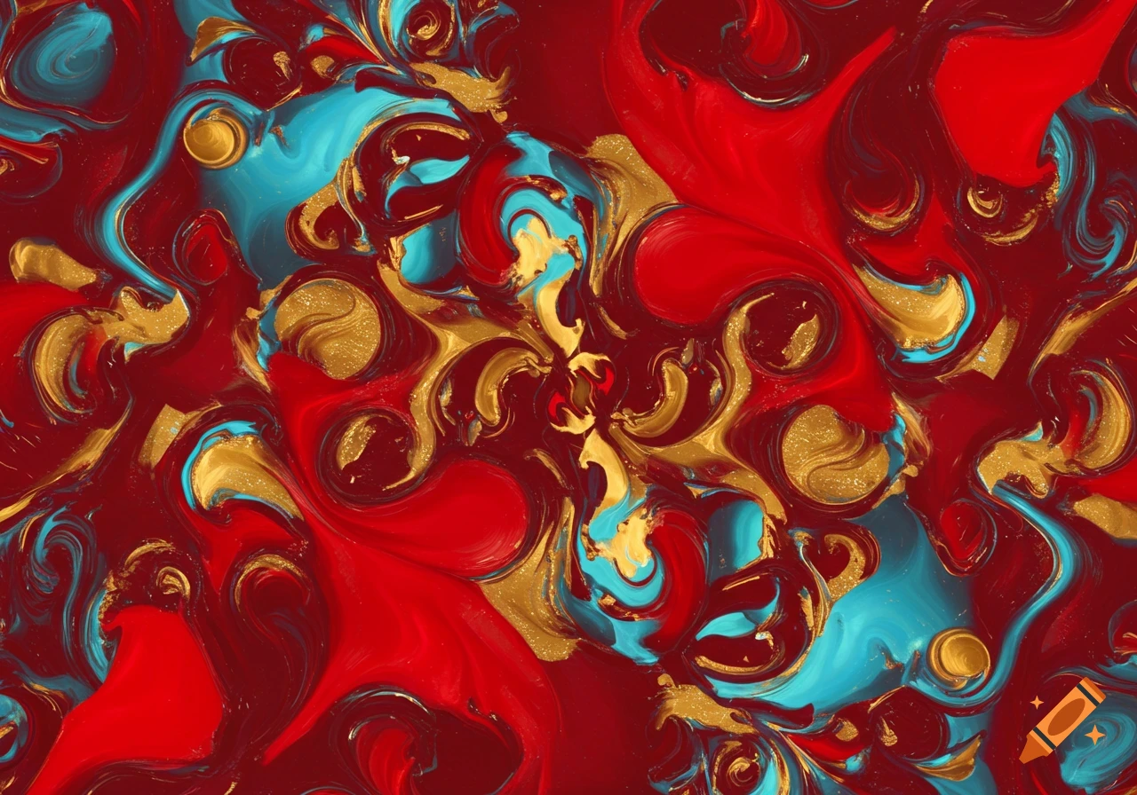Swirling abstract pattern of red, gold, and turquoise colors, resembling fluid art.