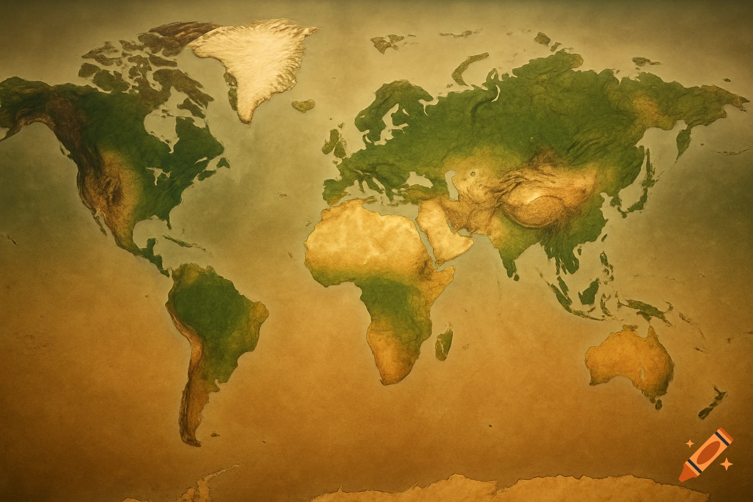 An aged, textured relief map of the world, showing continents in green and brown against a parchment-like background.