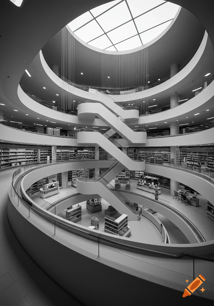 A dramatic black and white architectural view of a multi-level interior ...