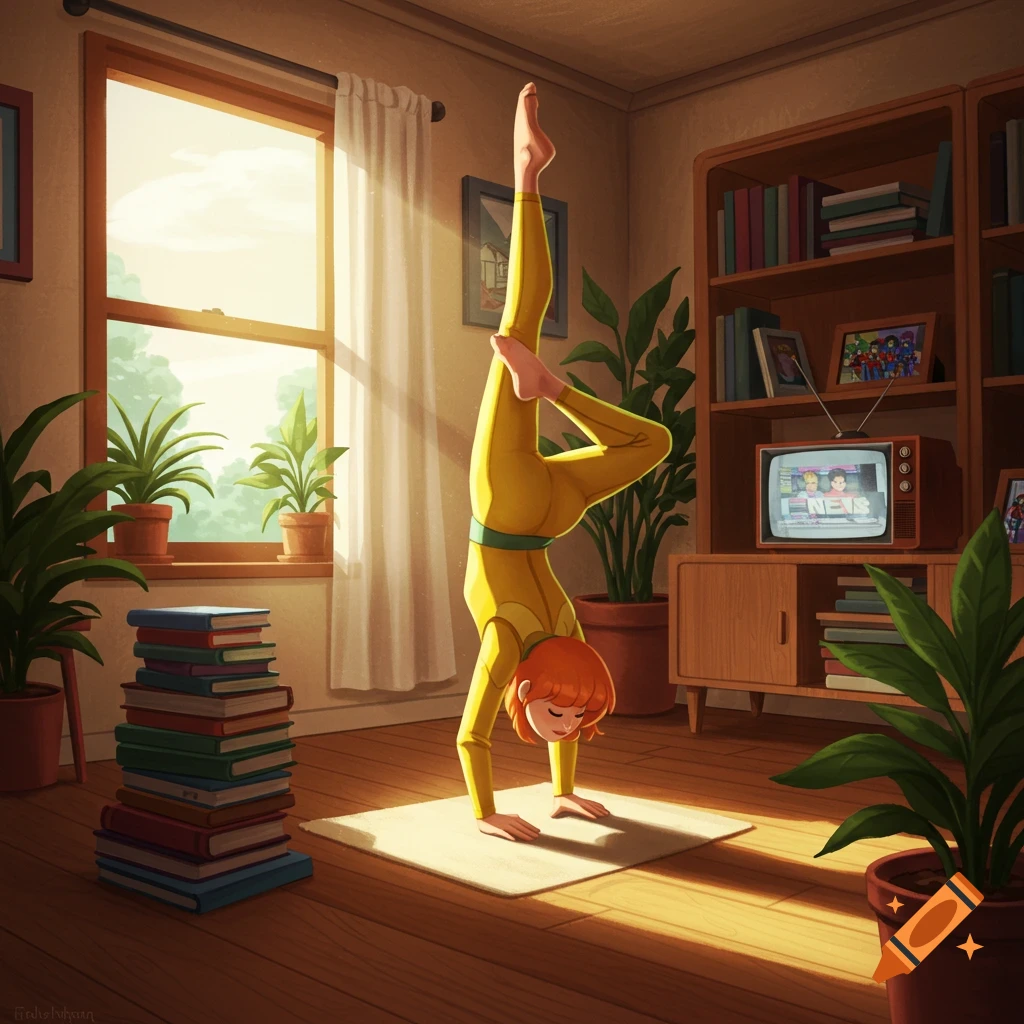Cartoon character April O'Neil in her yellow jumpsuit does a handstand on a yoga mat in a sunlit room filled with plants and books.
