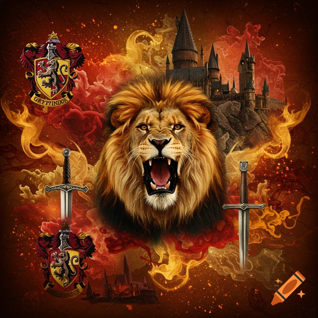 A roaring lion's head with Hogwarts castle, Gryffindor crests, and swords, all surrounded by fiery orange and red smoke on a dark background.