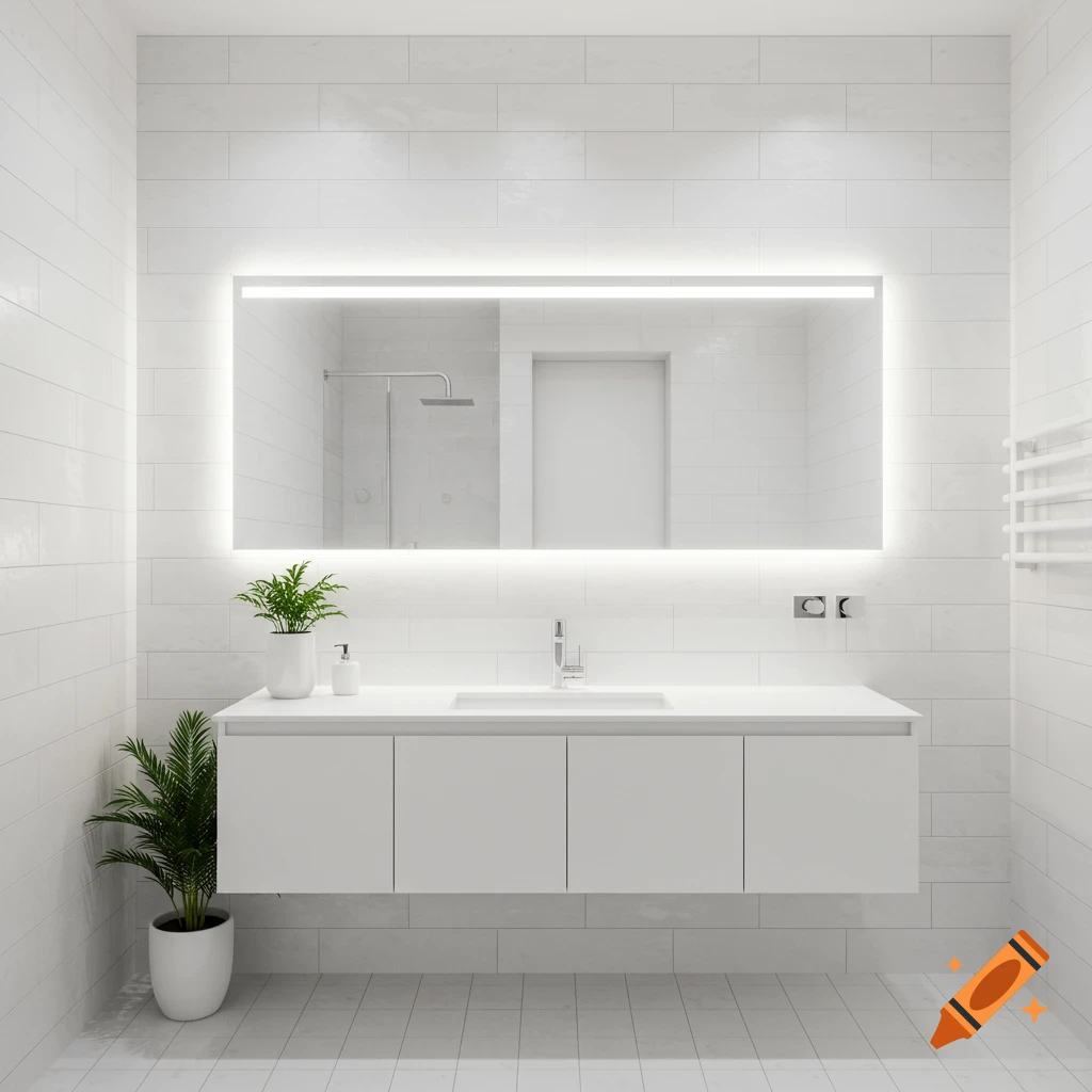A modern white tiled bathroom with a lighted mirror, floating vanity with sink, and green potted plants.