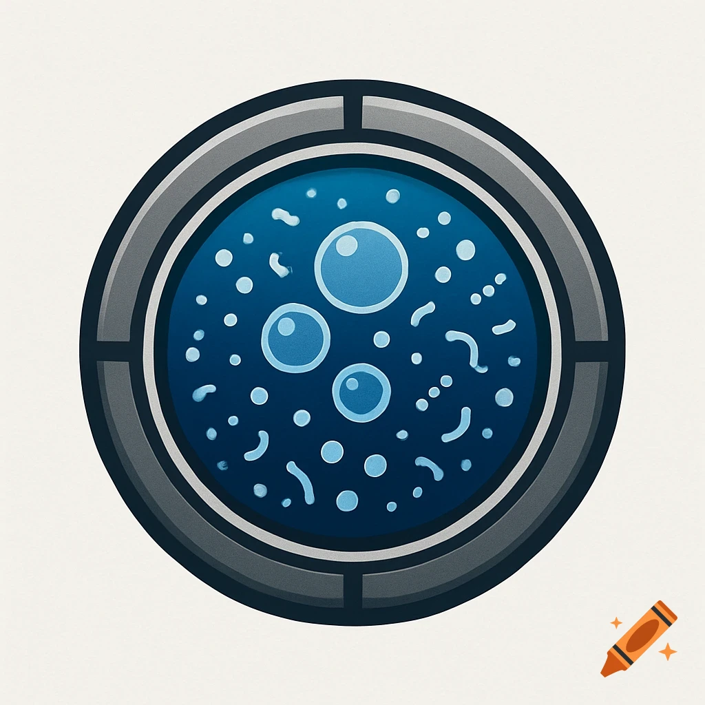 A stylized illustration of a circular observation window with a deep blue background, showing light blue bubbles and abstract microbial shapes.