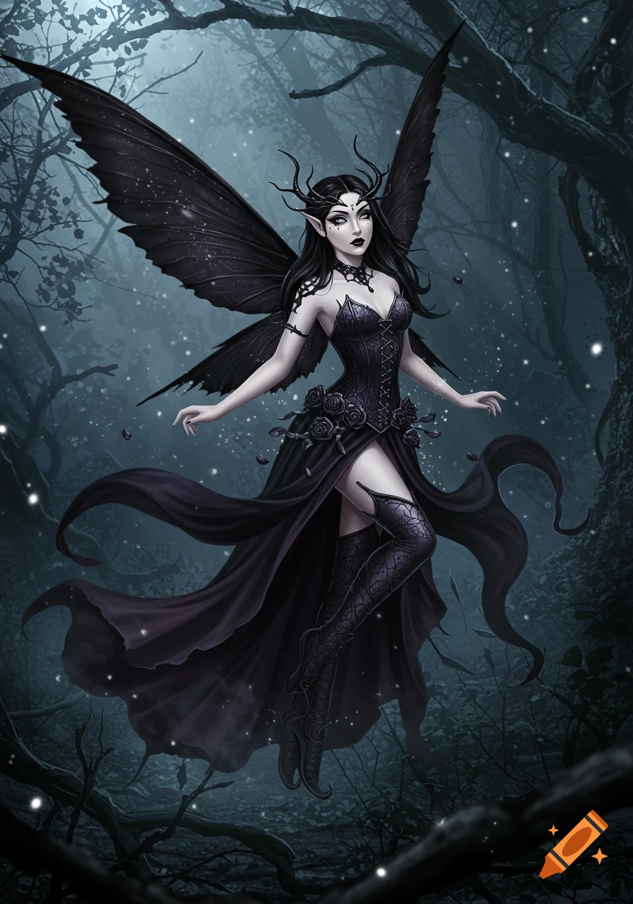 A gothic fairy with black wings and a thorny headpiece floats gracefully in a dark, ethereal forest, wearing a detailed black dress.