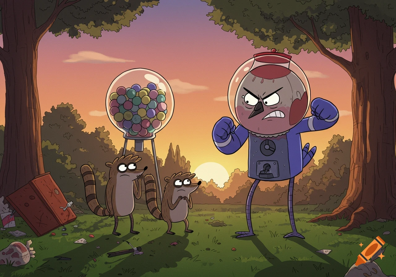 An angry gumball machine character, Benson, glares at two scared raccoons next to a gumball machine in a park at sunset.
