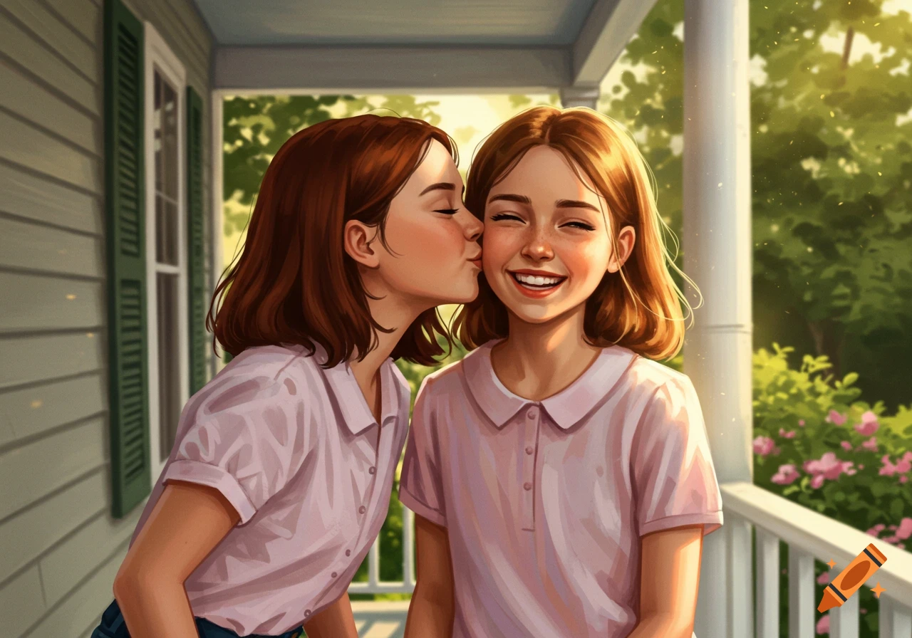 Illustration of a brown-haired girl kissing the cheek of a smiling, freckled girl on a sunlit porch.