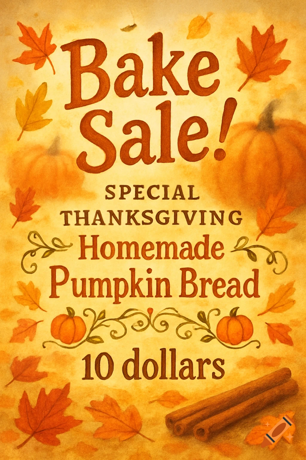 A fall-themed flyer for a Thanksgiving bake sale, featuring "Bake Sale! Special Thanksgiving Homemade Pumpkin Bread 10 dollars" with pumpkins, leaves, and cinnamon sticks.