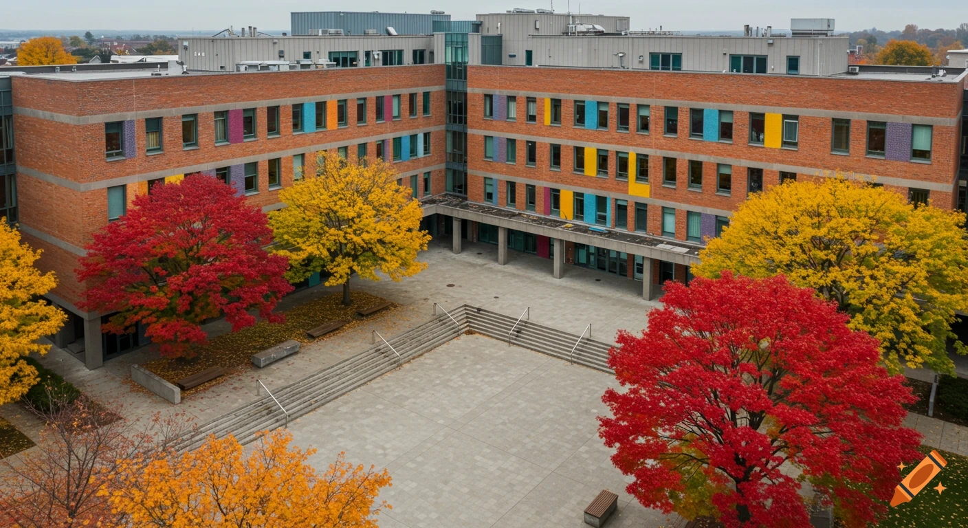 Aerial view of a brick university building with colorful window accents, surrounded by vibrant red and yellow autumn trees and a paved plaza with stairs.