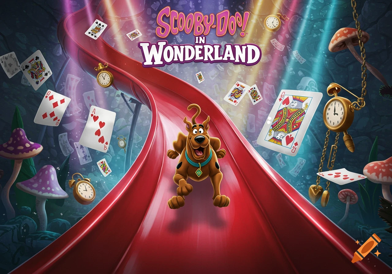 Scooby-Doo cartoon on a red slide with floating playing cards, clocks, and mushrooms. Title: 'Scooby-Doo! In Wonderland'.