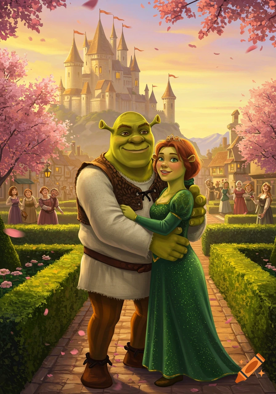 Green-skinned Shrek and Fiona embrace on a path with cherry trees, a castle, and village in the background, in an animated style.