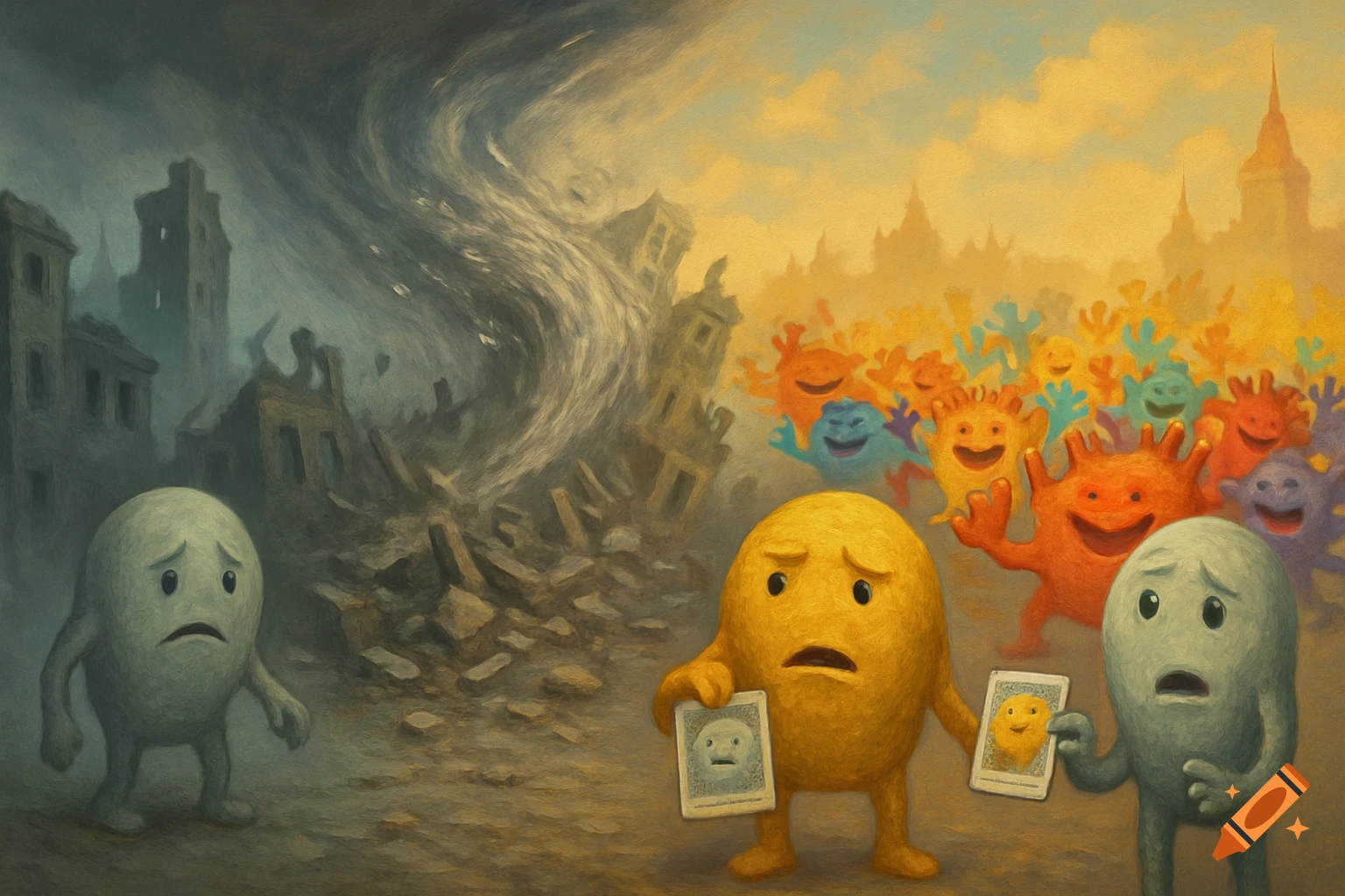 A stylized painting illustrating GvHD pathophysiology with two sad, blob-like characters holding cards in a destroyed city, while a crowd of colorful, happy characters approaches from the right.
