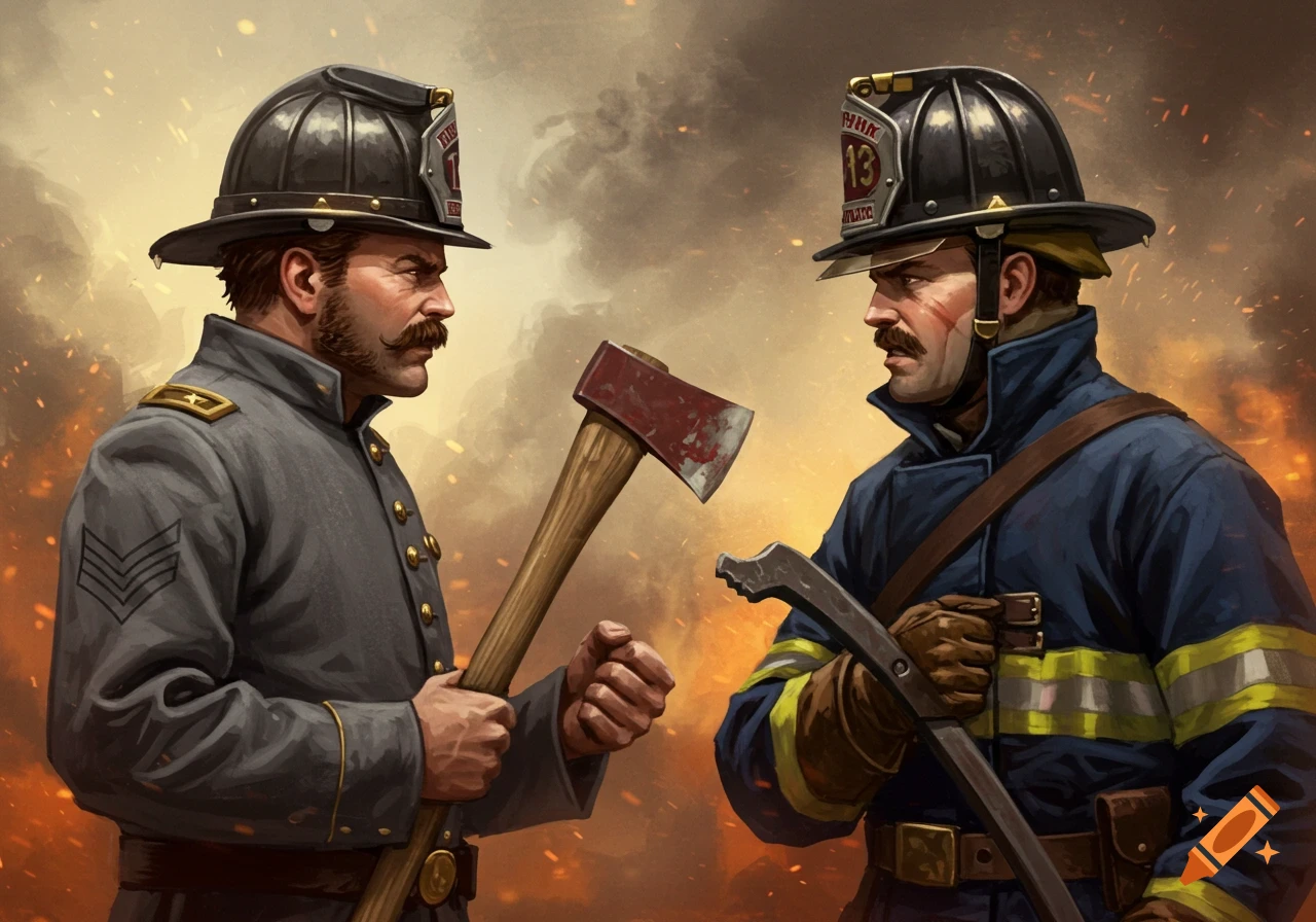 Illustration of a man in a grey uniform with an axe and a man in a blue firefighter uniform with an alligator bar, facing each other in a fiery, smoky background.