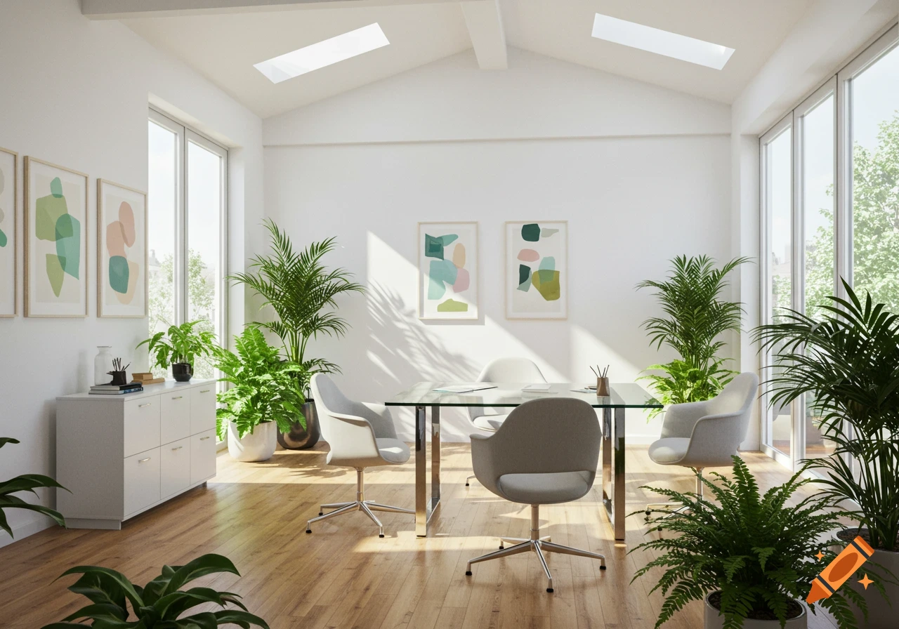 A bright, modern office with a glass table, swivel chairs, abstract wall art, numerous potted green plants, and hardwood floors.