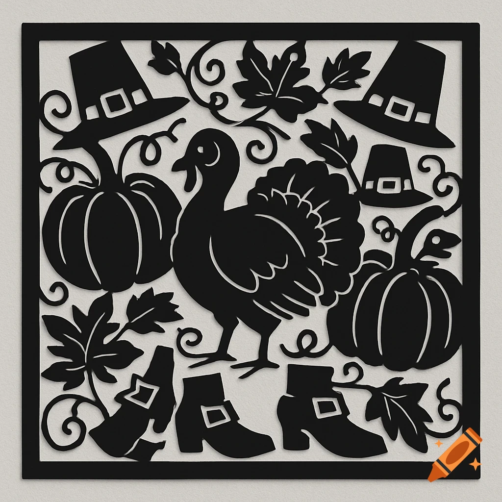 A black silhouette design for Thanksgiving featuring a turkey, pumpkins, pilgrim hats, pilgrim boots, and autumn leaves, all interconnected by swirling vines within a black square frame.