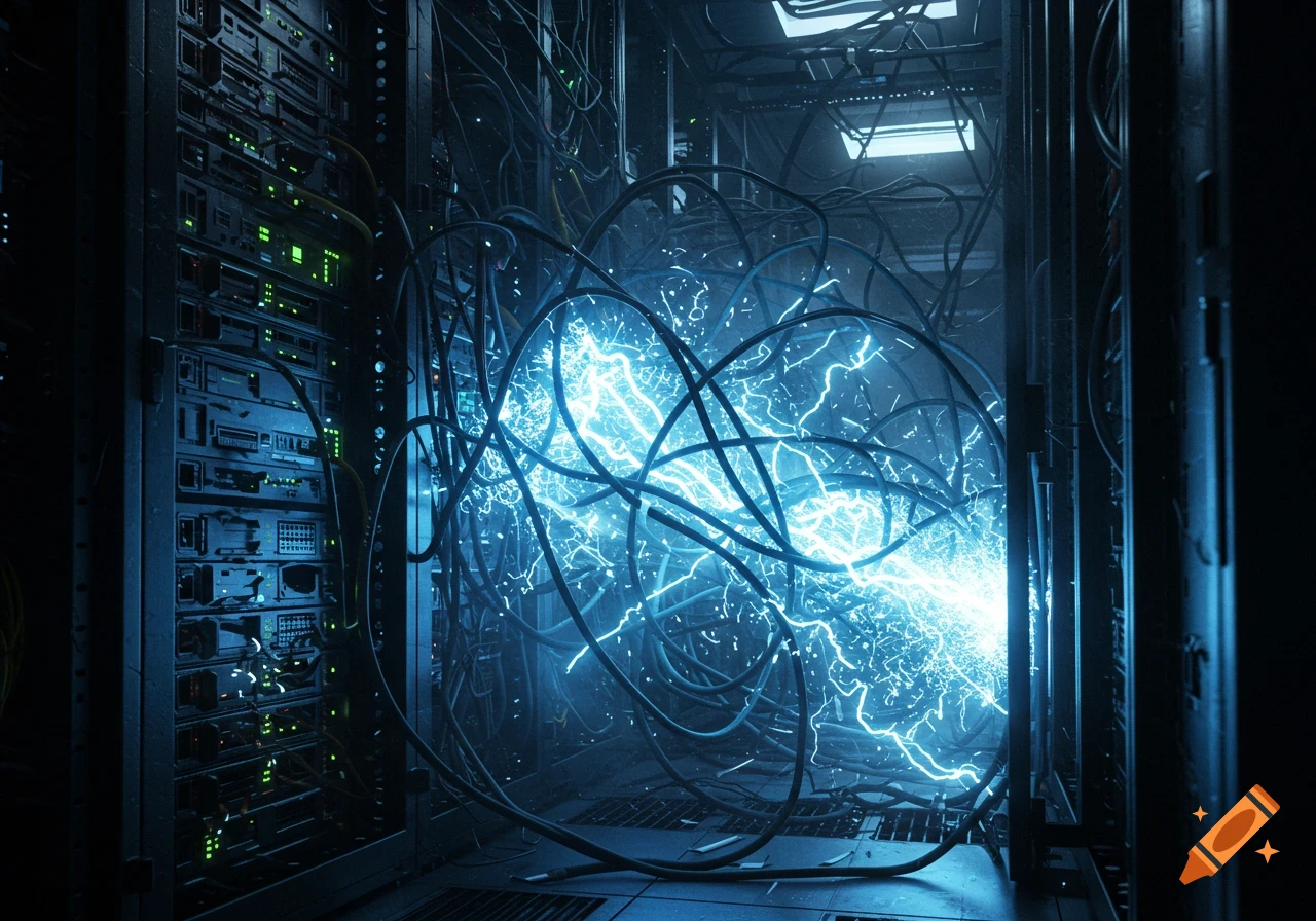 Bright blue electrical fault and sparks among tangled cables in a dark server rack, illuminating the surrounding technology.