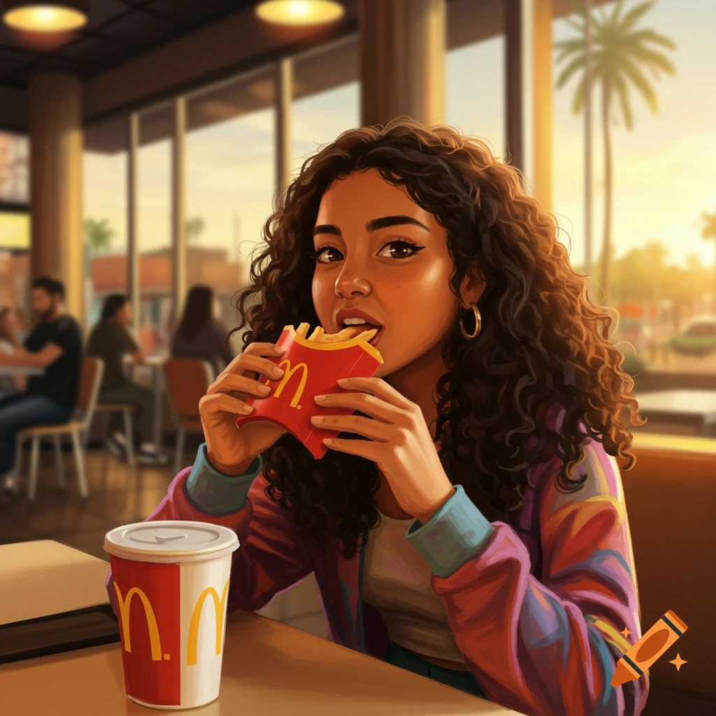 A young woman with curly hair eating McDonald's fries and drinking soda at a restaurant table with palm trees visible outside.