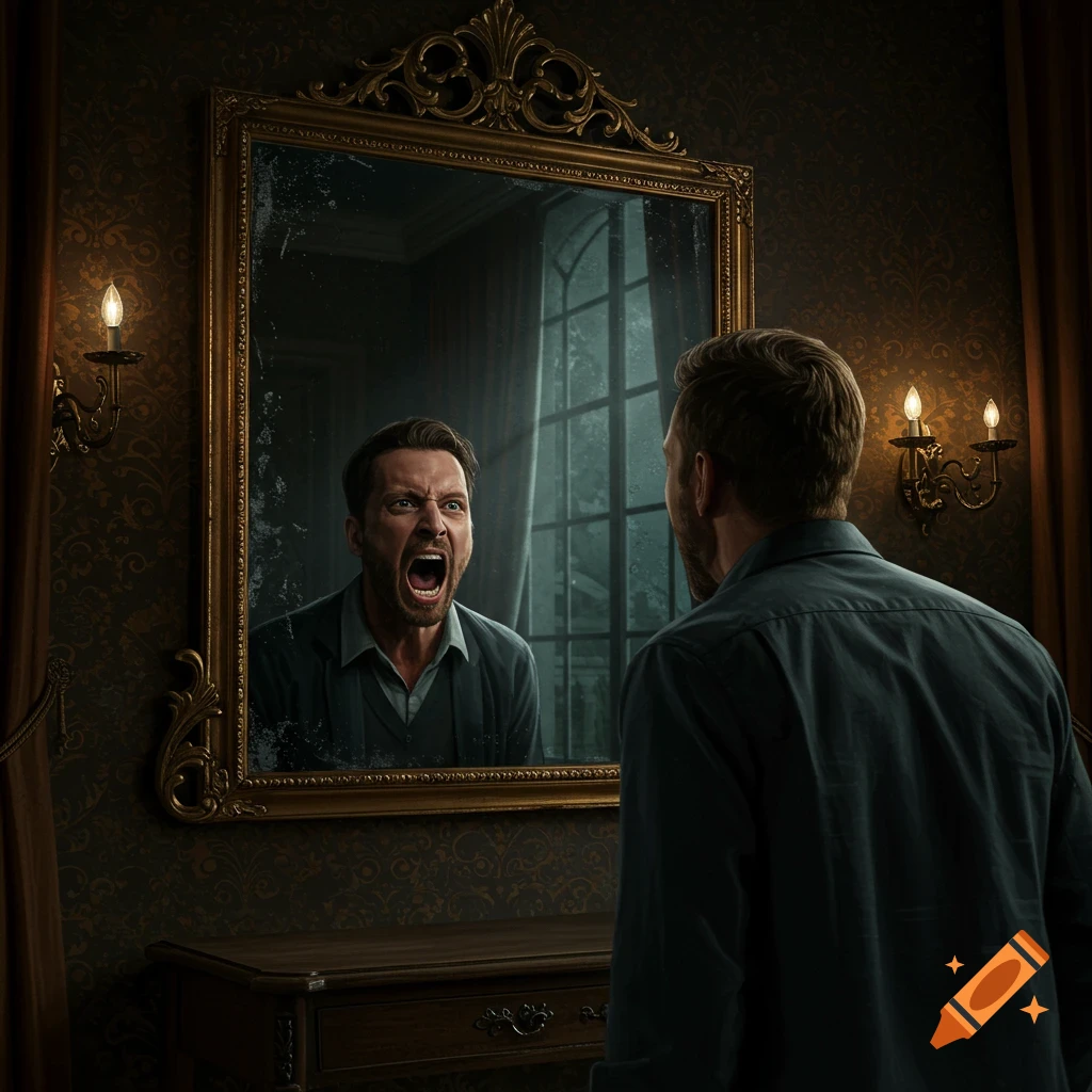 Man looking at his screaming reflection in an ornate mirror in a dimly lit, richly decorated room.