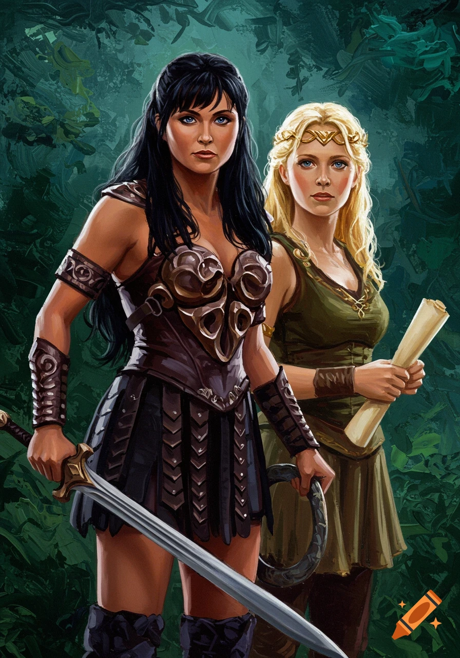 Two women, Xena and Gabrielle, in warrior and fantasy attire, hold a sword and scroll in an oil painting.