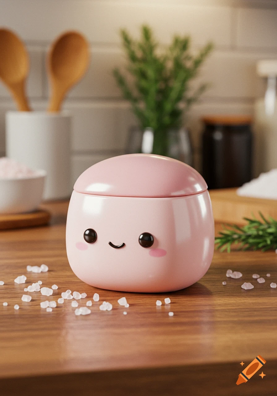 A cute, pink, round salt box with a smiling face sits on a wooden kitchen counter among scattered salt crystals, 3D render.