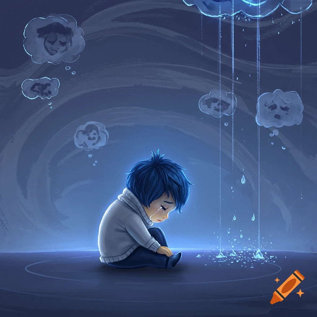 A blue-haired cartoon character, reminiscent of Sadness, sits crying as rain falls from a cloud onto the ground.