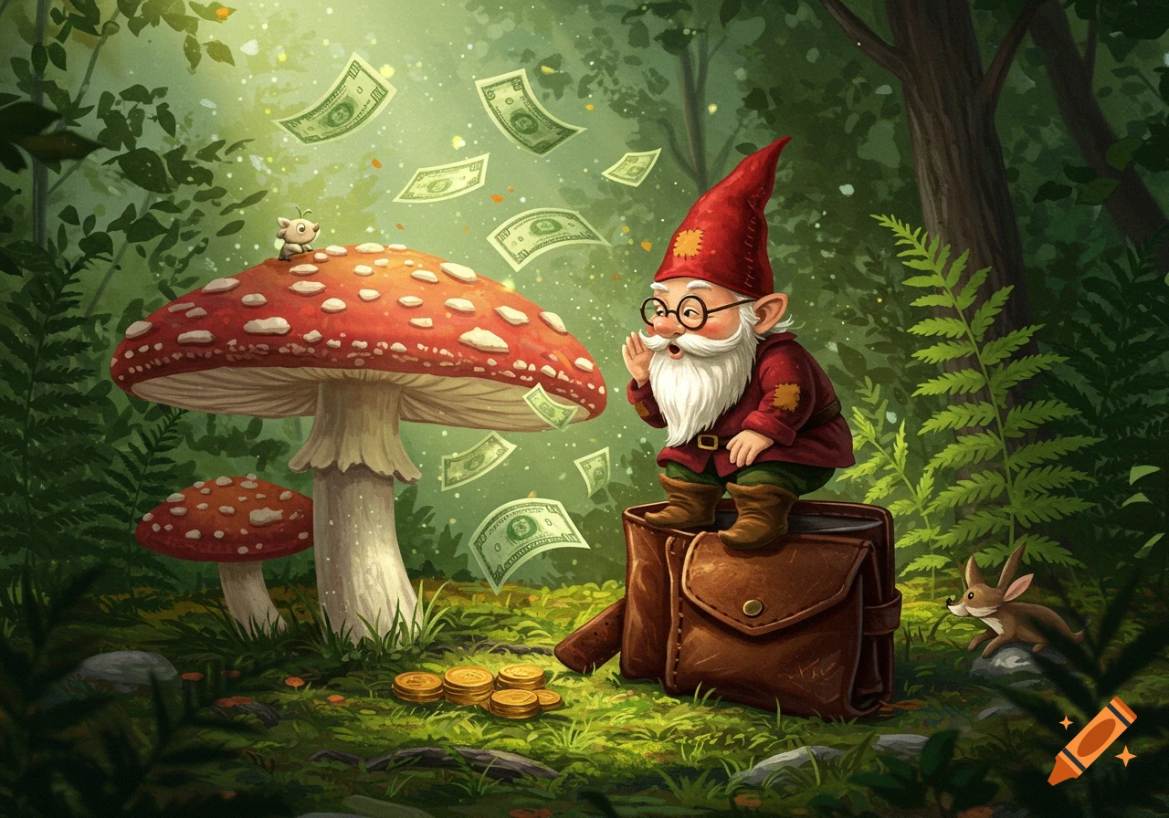 A cartoon gnome in a red hat stands on a wallet in a forest with money and gold coins around a large red mushroom, with a small mouse on top of it.