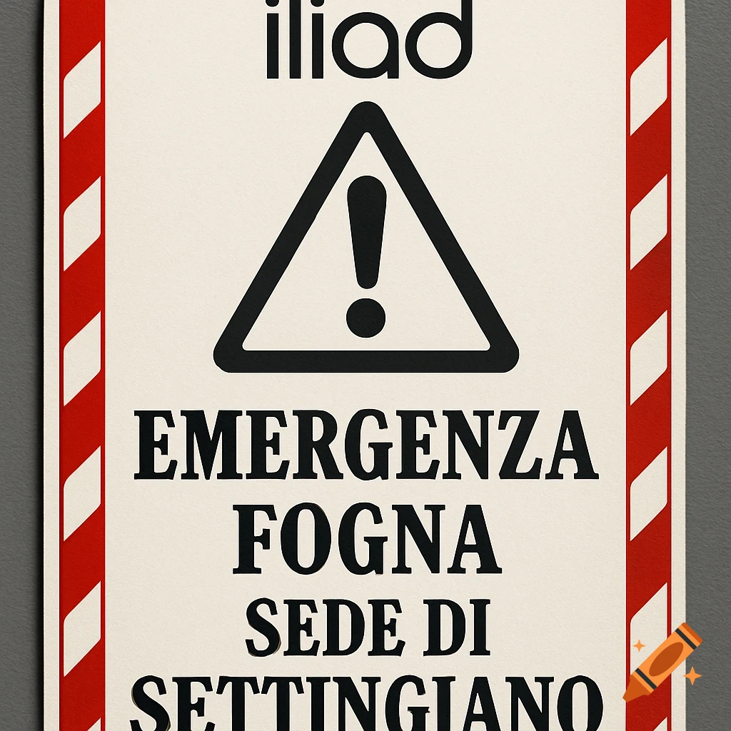 Photorealistic vertical emergency sign with red/white striped border, black  warning triangle, 'iliad' logo, and Italian text: 'EMERGENZA FOGNA SEDE DI  SETTINGIANO'. on Craiyon, image size:1024x1024