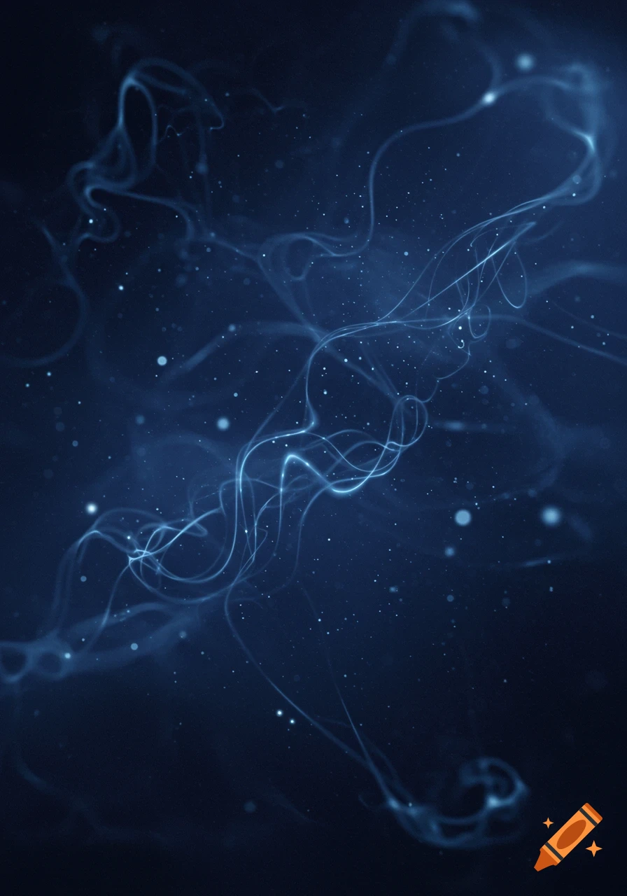 Abstract dark blue background with glowing light trails and floating particles.