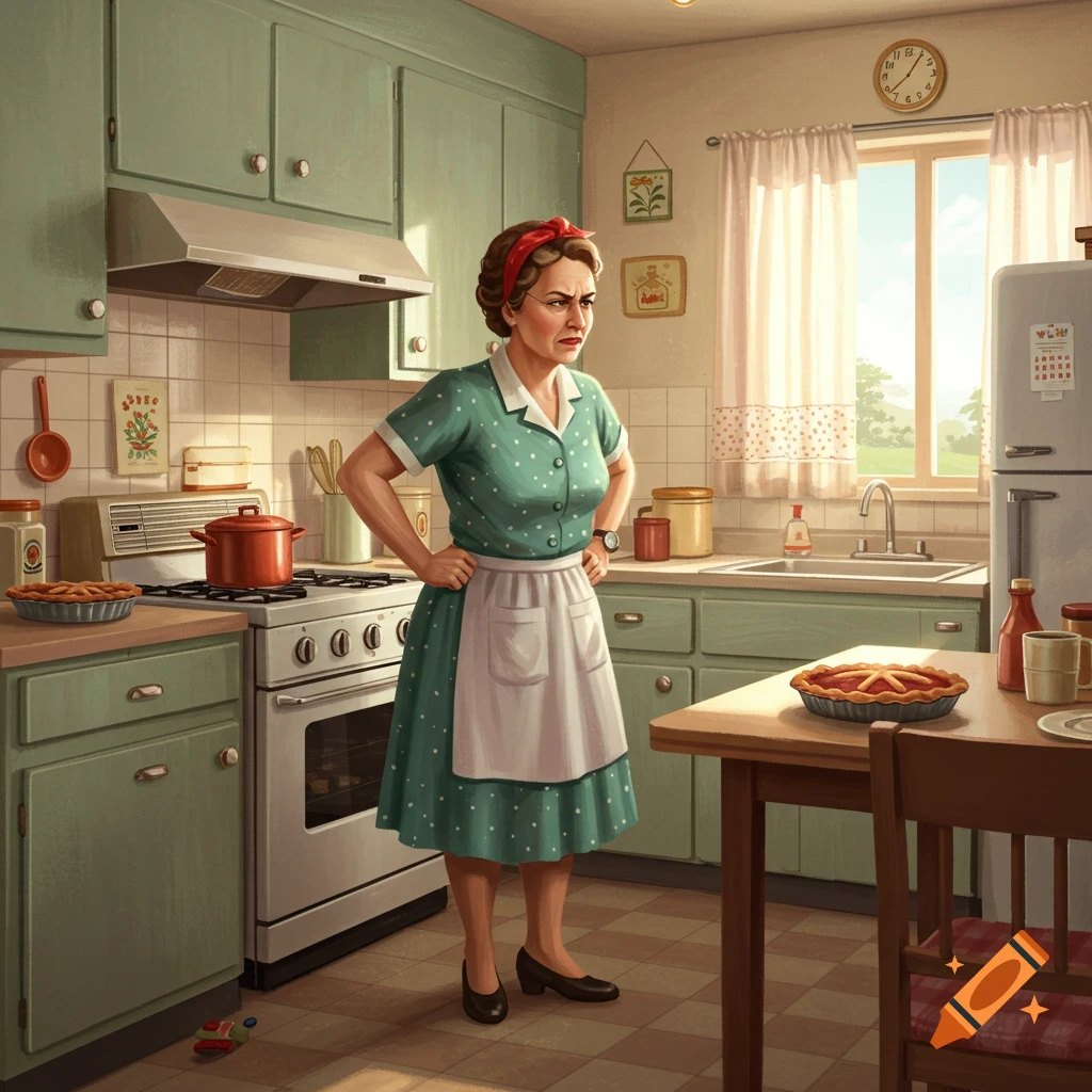 A stern-looking woman in a green dress and apron stands in a vintage kitchen, hands on hips, with pies on the counters.