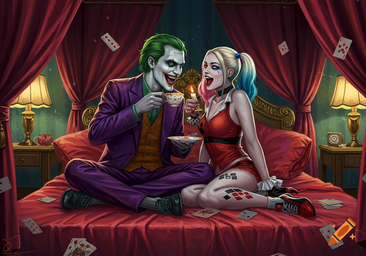 The Joker and Harley Quinn sit on a red bed, drinking tea and laughing, with playing cards scattered around in a comic art style.